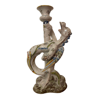 Bougeoir dragon chimère faïence de Rouen Peint main pièce de collection