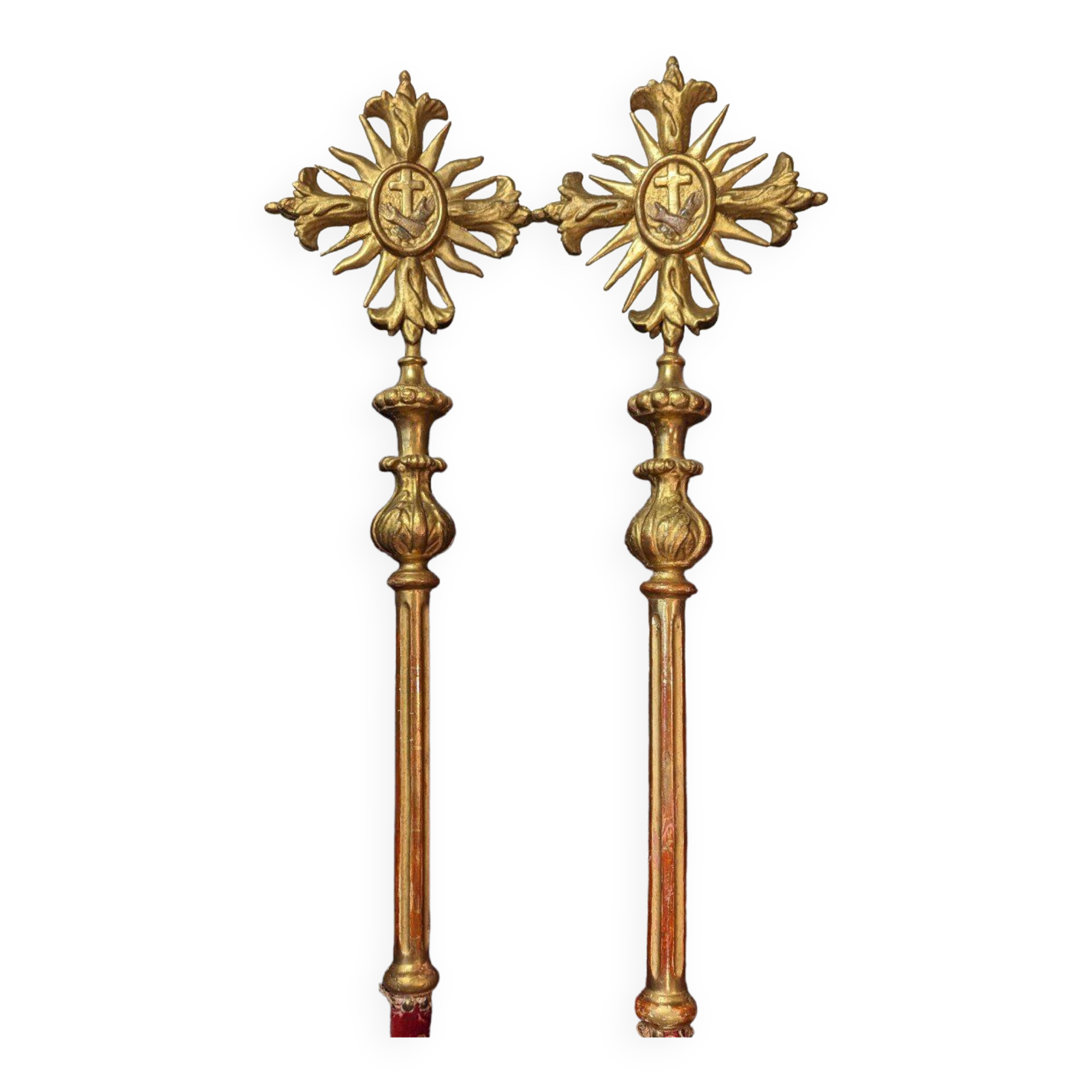 Pair of finely gilded wooden processional sticks from the late 18th century.