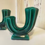 Pair of Art Deco Double Candlesticks in Emerald Green Ceramic - 1950s Vallauris Style