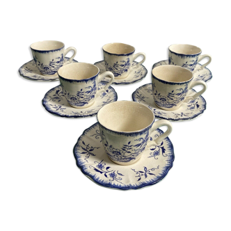 Set of 6 cups and under cups Lancaster Sarreguemines ceramic decorations flowers