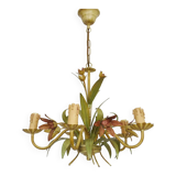 Vintage chandelier in painted metal decorated with flowers and foliage with 5 lights. 80s 90s