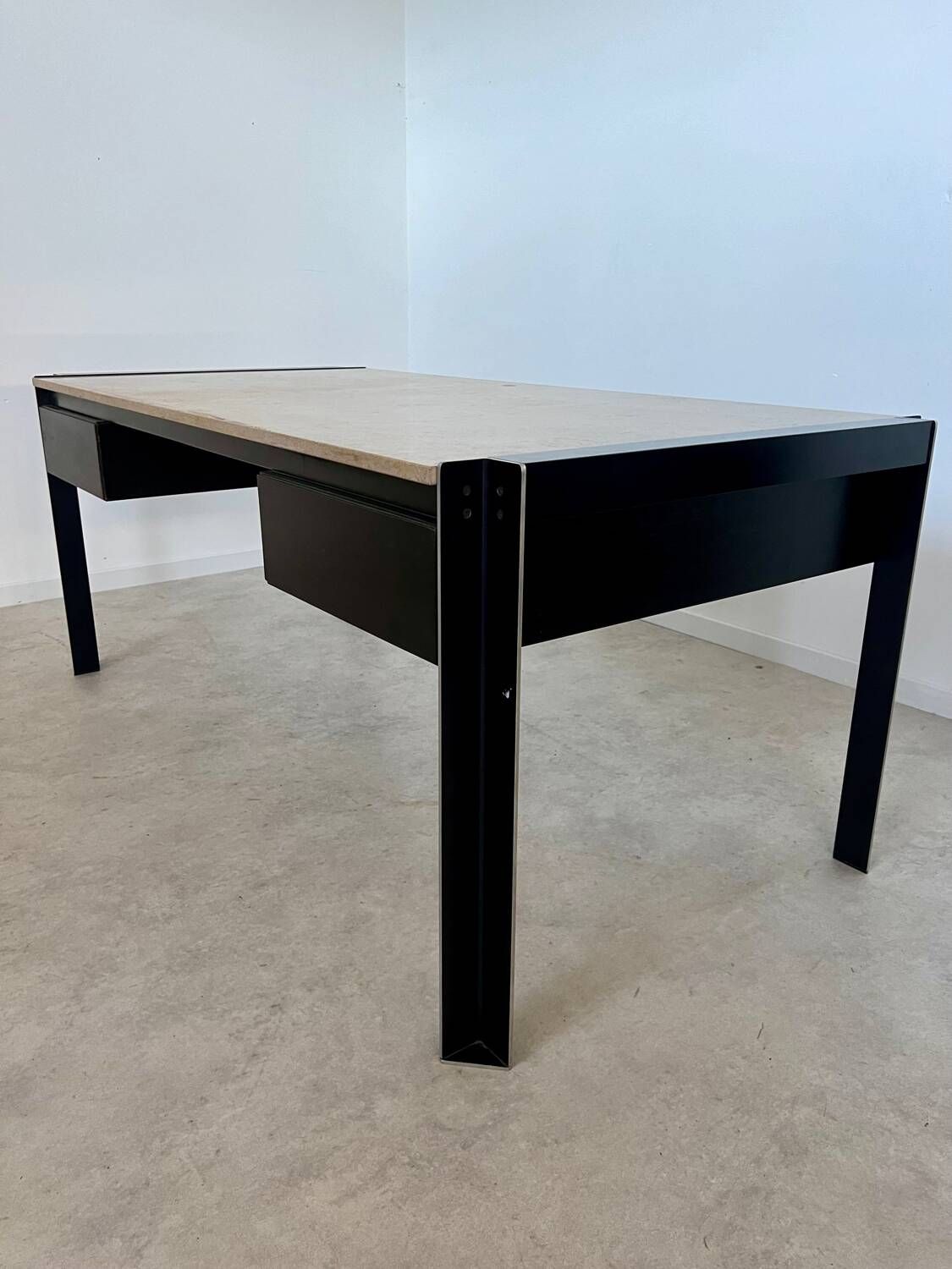 Italian design postmodern desk in metal and vintage 80s travertine top