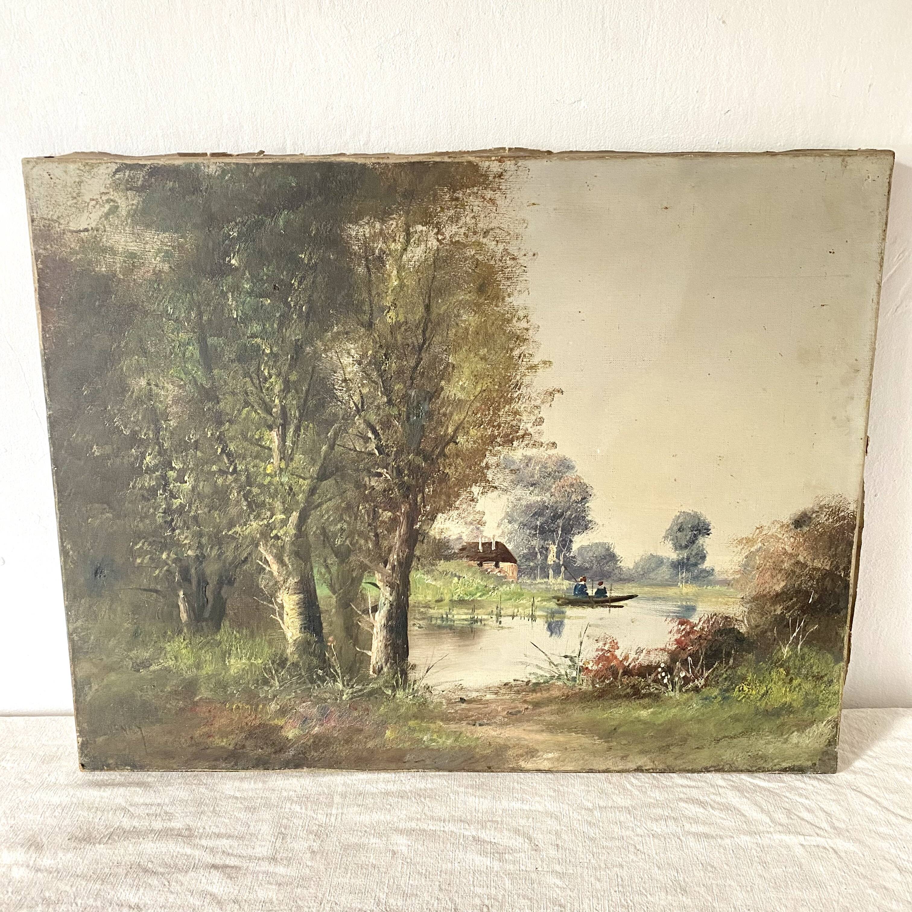 Old canvas painting at the water's edge, boat