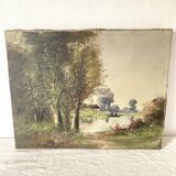 Peinture sur toile ancienne au bord de l'eau ,  barque