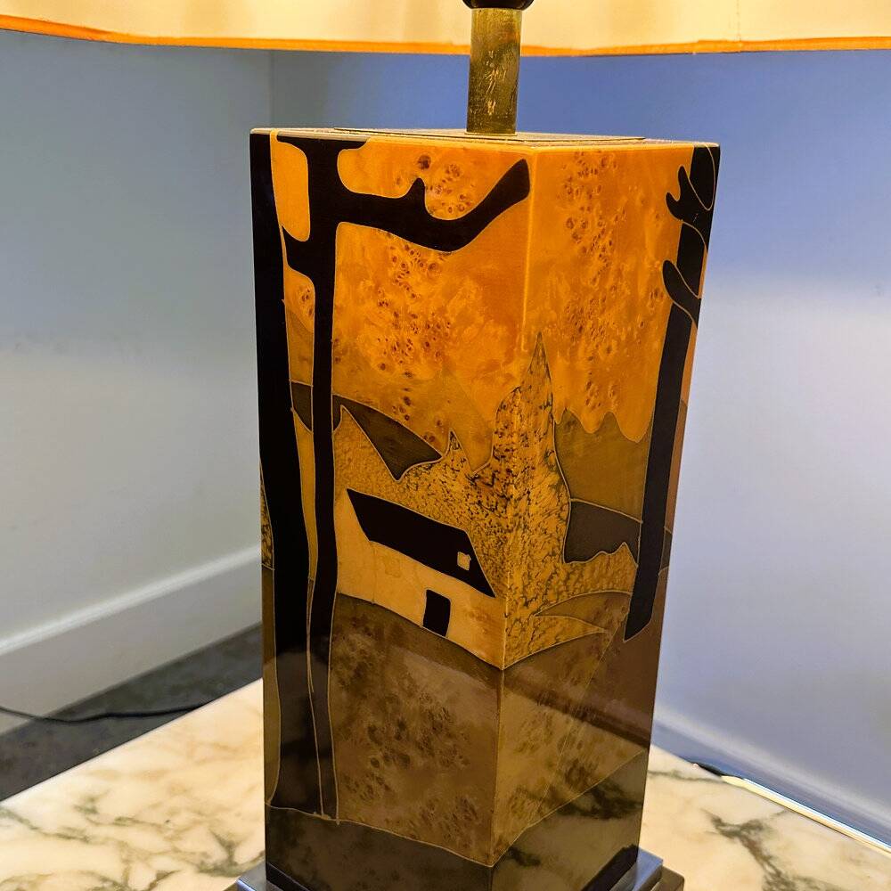 Rare 1970s Jean-Claude Mahey table lamp in burl wood with abstract inlay