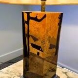 Rare 1970s Jean-Claude Mahey table lamp in burl wood with abstract inlay