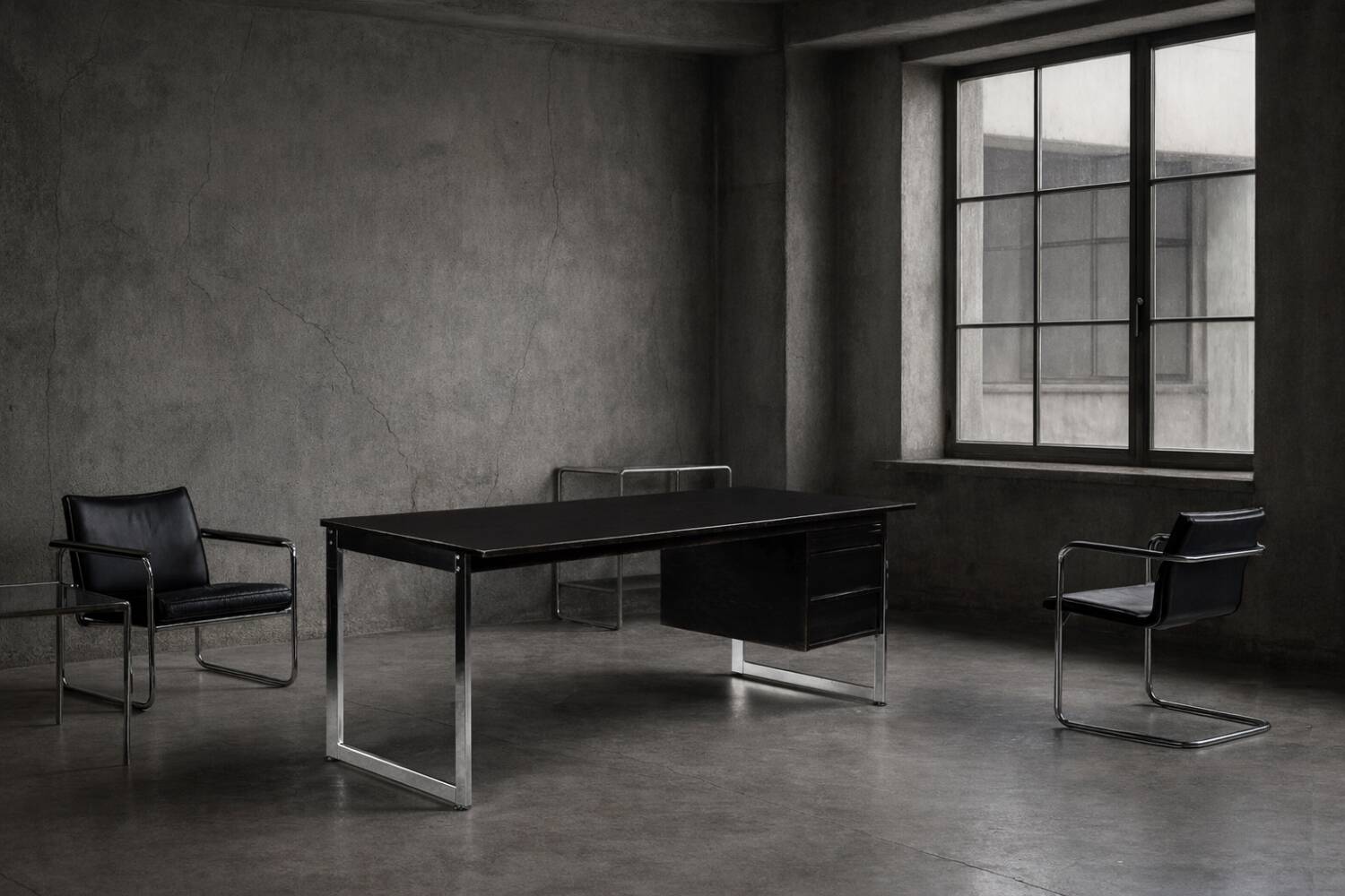 Vintage Mid-Century Danish Modern Minimalist Black Oak Desk with Chrome Base
