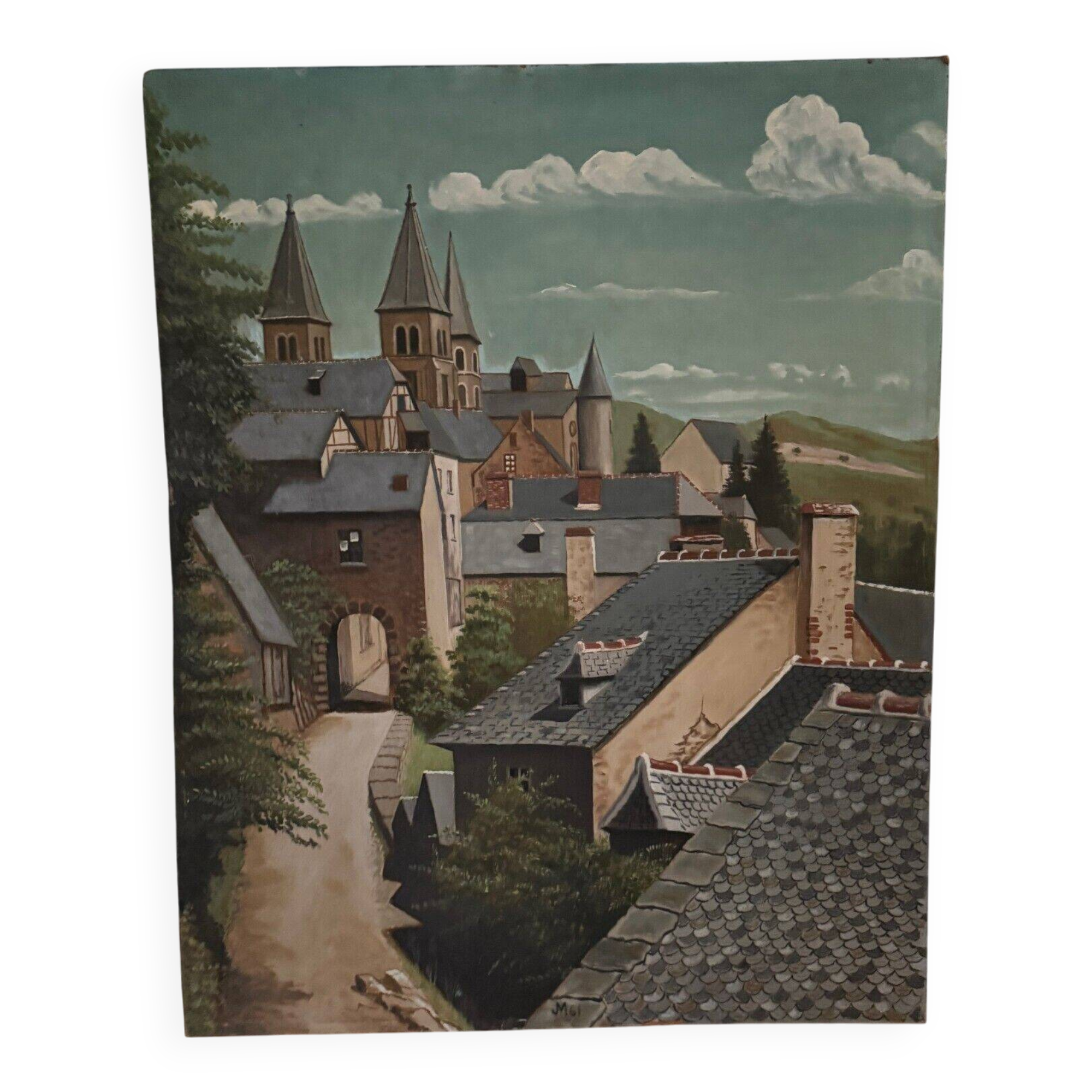 Oil on panel depicting a village in 1961