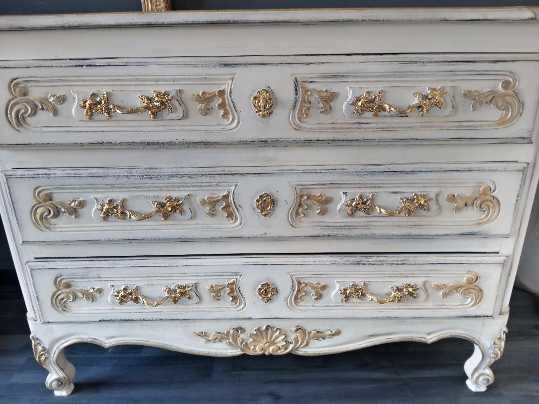 Louis XV style royal chest of drawers patinated