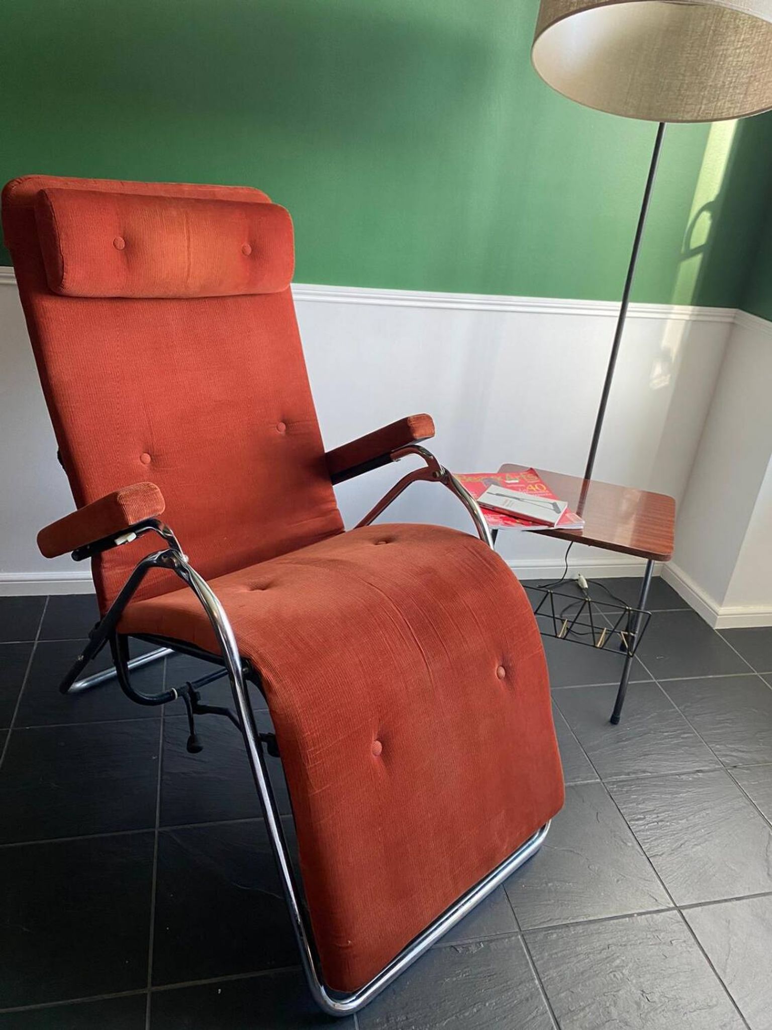 Relax armchair / chrome and velvet lounge chair produced by Lama 1970