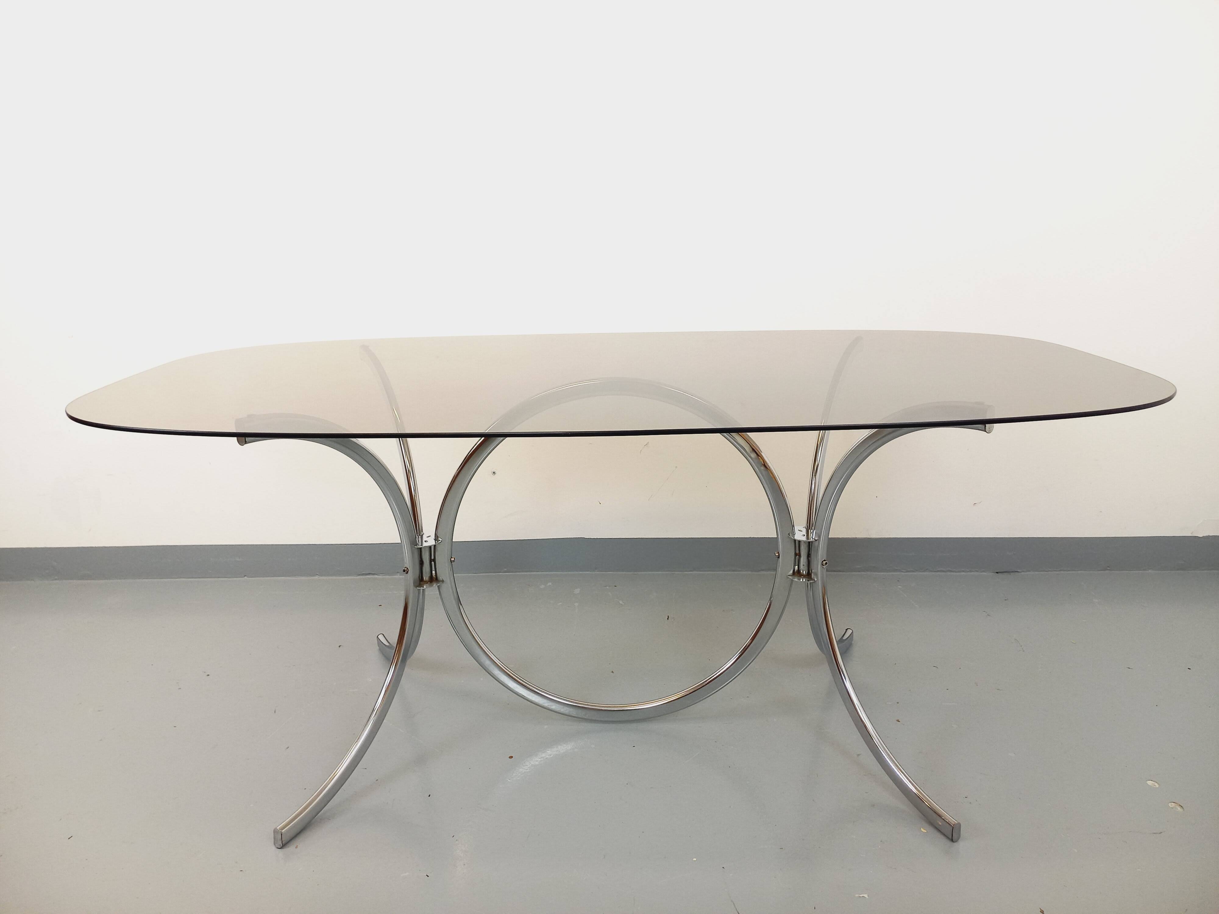 Vintage rectangular rounded dining table in smoked glass and chrome metal