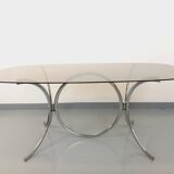Vintage rectangular rounded dining table in smoked glass and chrome metal