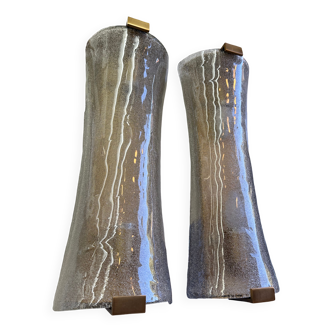 Pair of curved art deco style brass and textured glass sconces