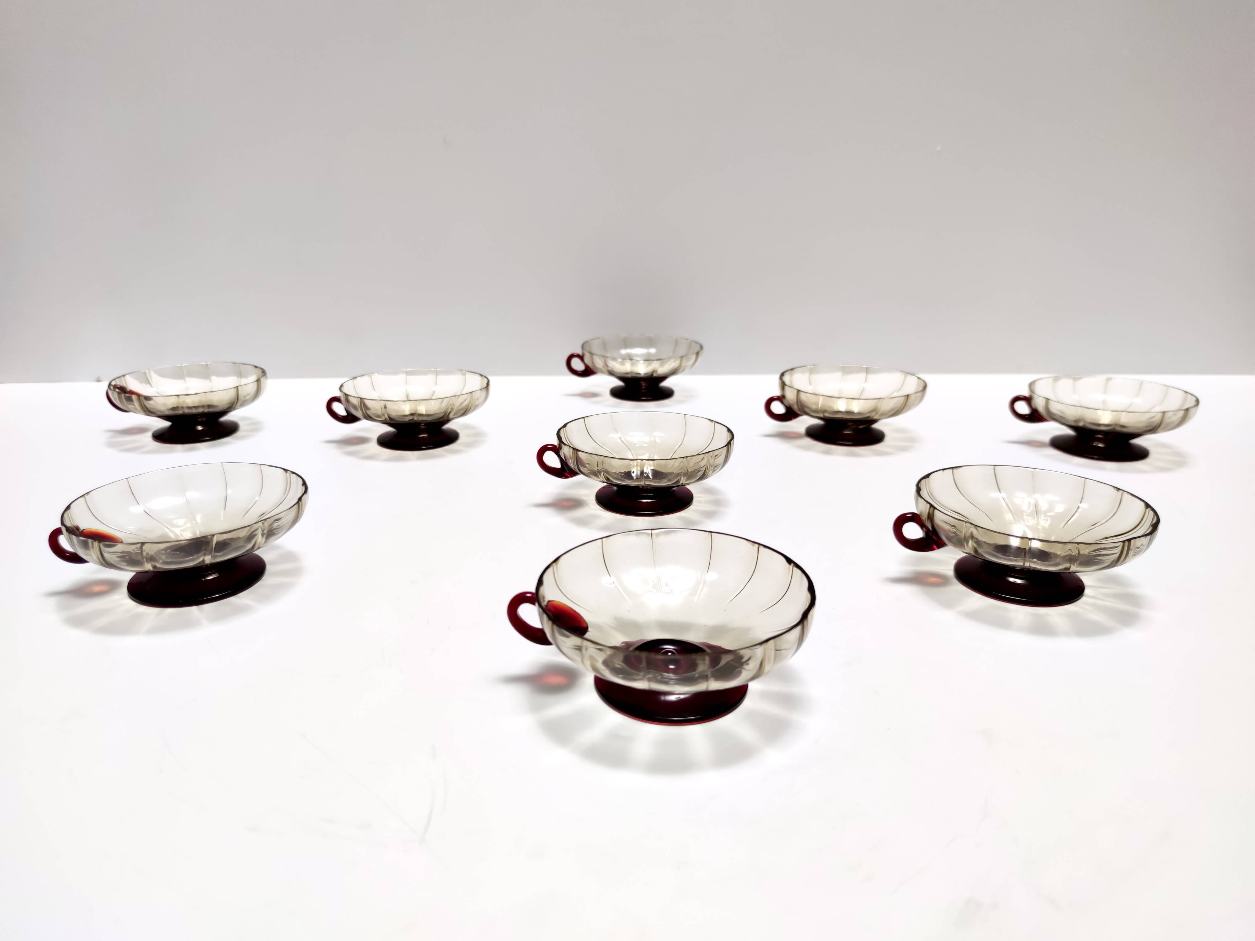 Set of Ten Smoked and Crimson Murano Glass Dessert Bowls in the style of Ze