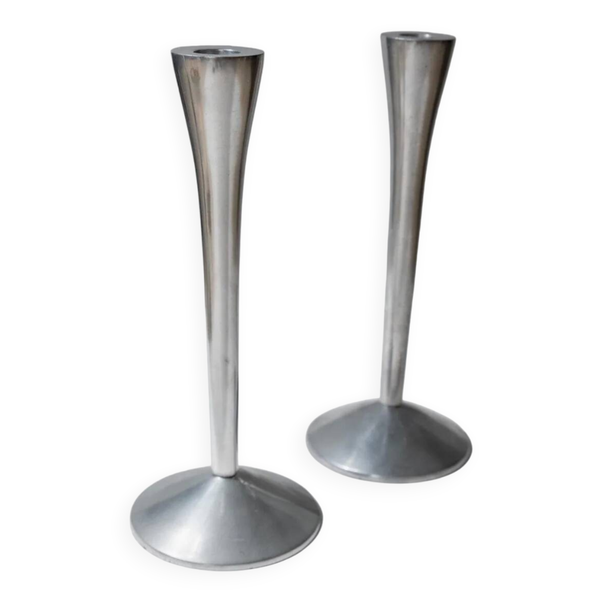 Set of 2 Stainless Steel Vintage Candle Holders, Silver Finish, Space Age Italian Design (1970s)