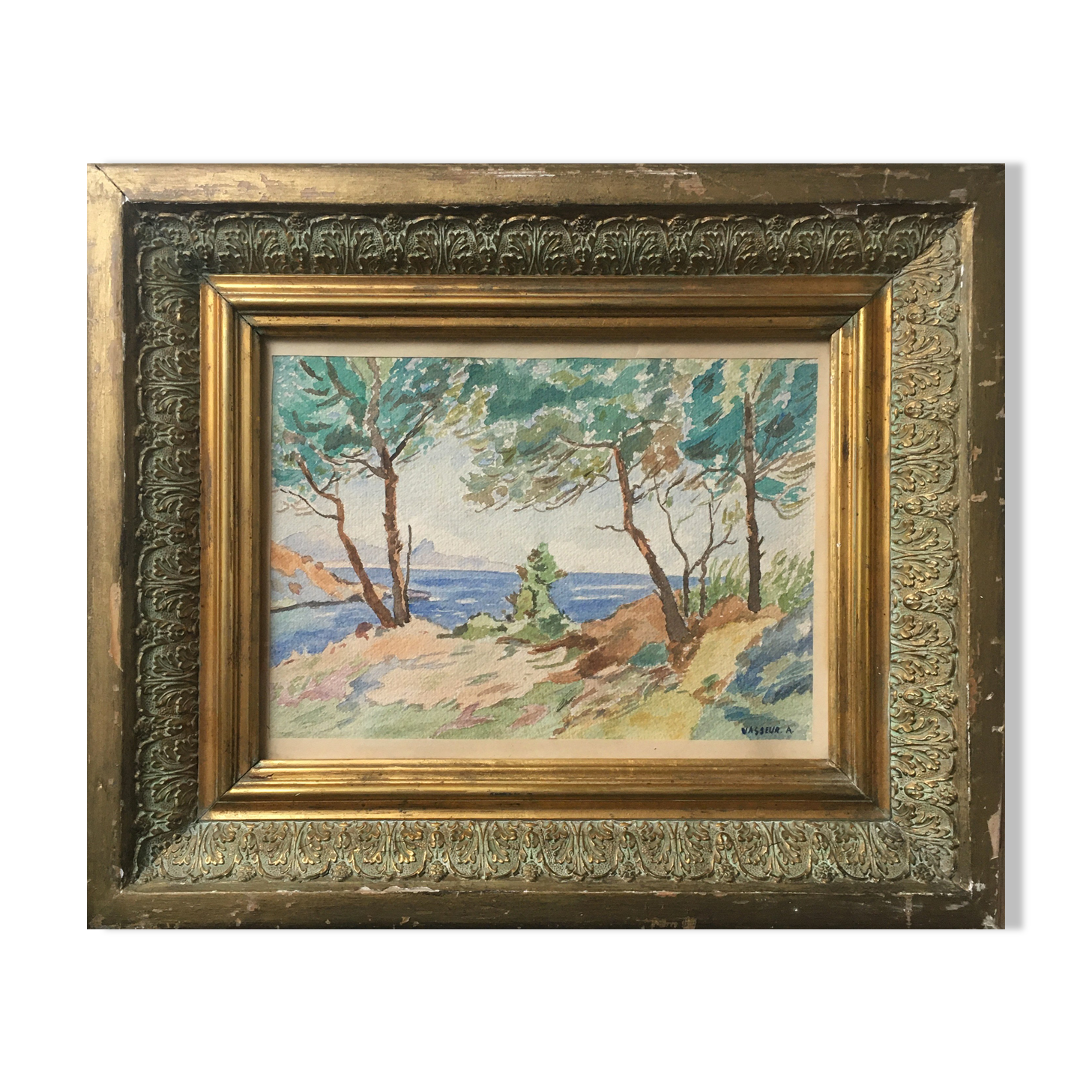 Tableau Aquarelle "Bord de mer arboré"