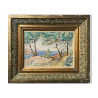 Watercolor painting "Wooded seaside"