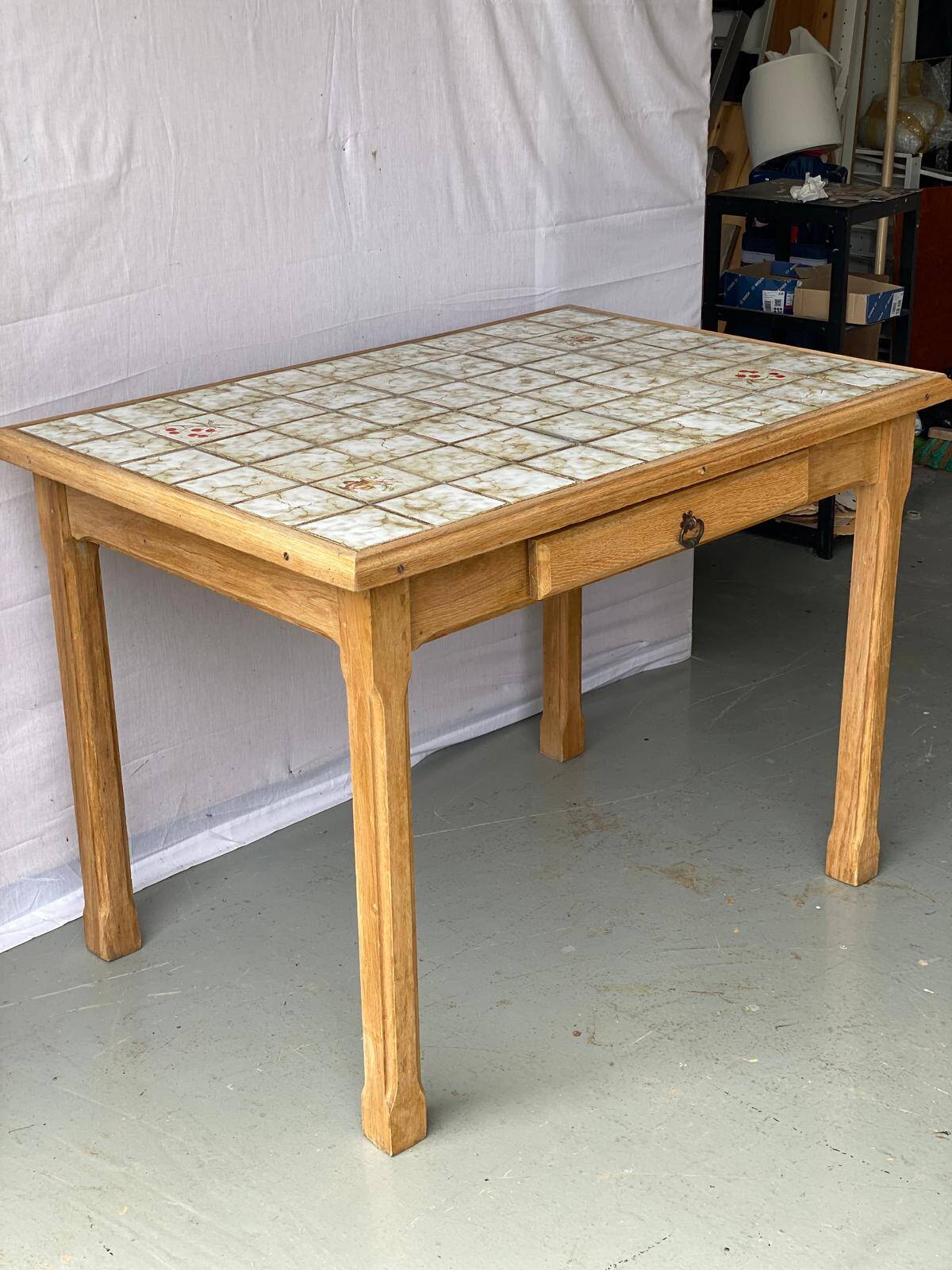 Vintage farmhouse dining table solid wood ceramic tiles 105cm renovated