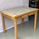 Vintage farmhouse dining table solid wood ceramic tiles 105cm renovated