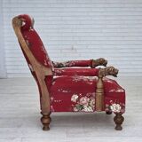 1920-30s, Danish armchair, furniture cotton fabric, hand carved oak wood.
