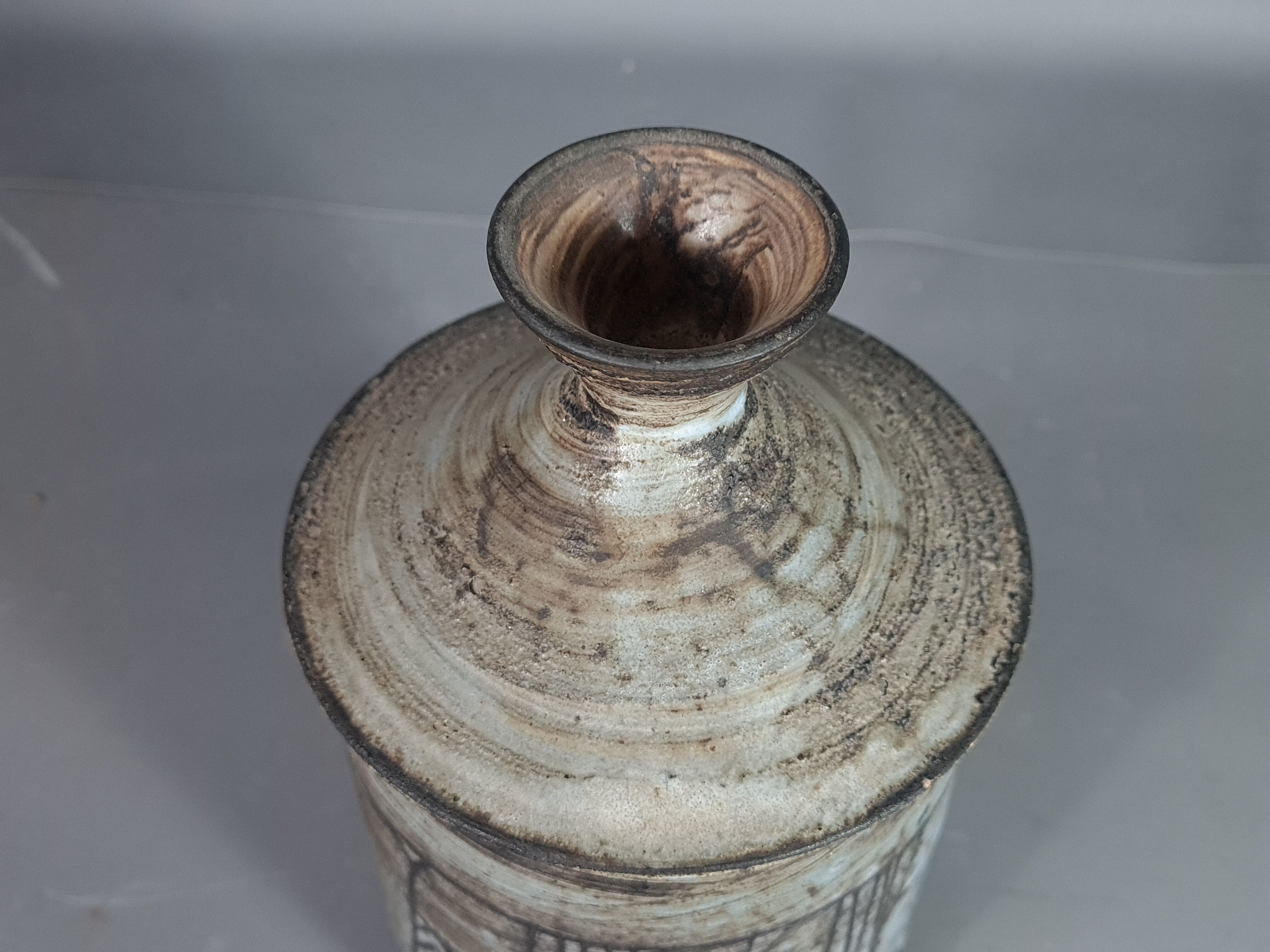 J. Pouchain (1925-2015) incised covered pot enamelled abstract decoration, signed. SB