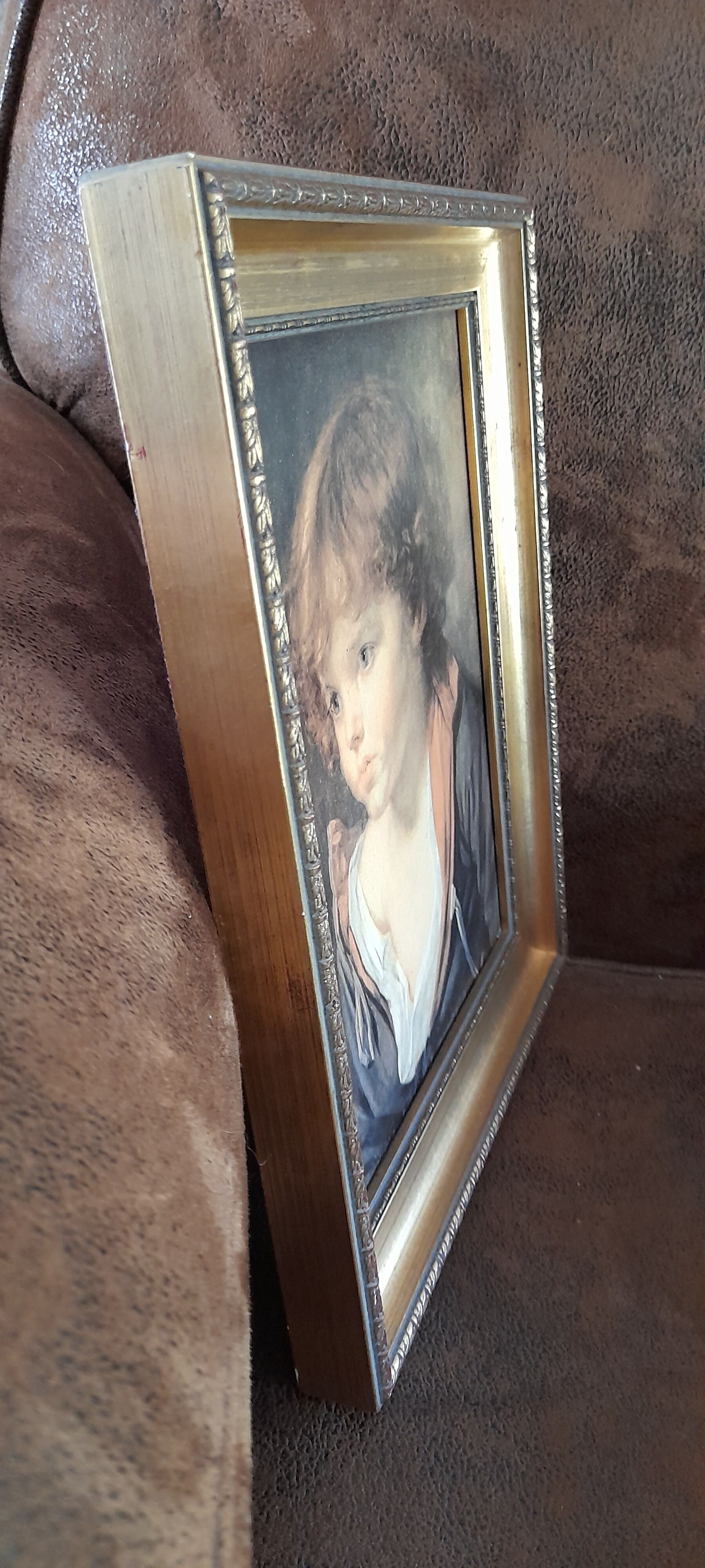 Table JB. Greuze young boy "the blonde child", reprod oil painting, under gilded frame 23x29 cm