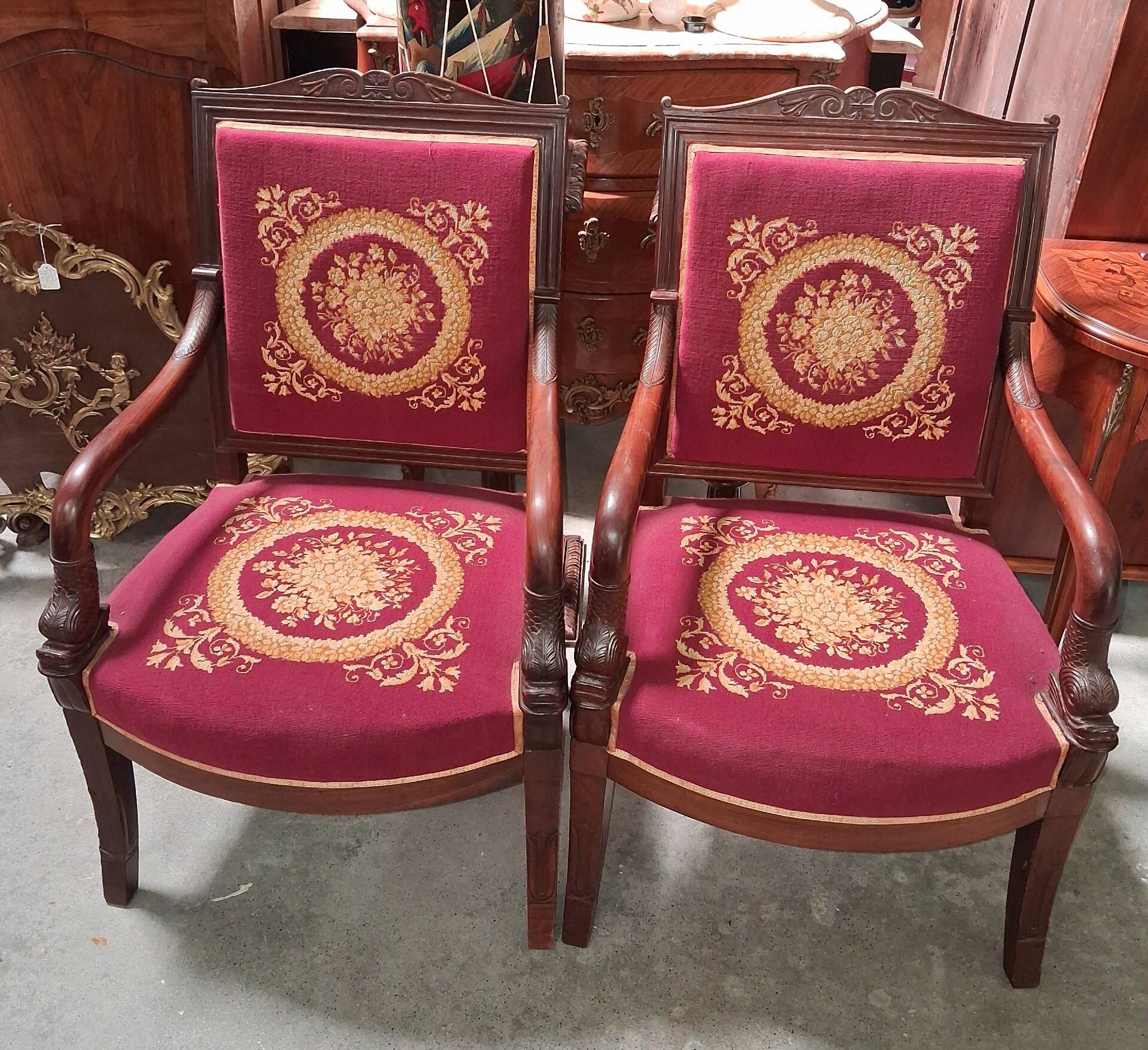 Pair of Empire Period Armchairs in Mahogany, Upholstered with Petit Point