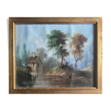 HST/P painting "Animated Barbizon landscape at the river" signed to be restored 19th century