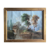 Tableau HST/P "Paysage Barbizon animé à la rivière" signé à restaurer XIX°