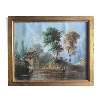 HST/P painting "Animated Barbizon landscape at the river" signed to be restored 19th century