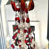 Antique chandelier with red crystal pendants, 9 lights.