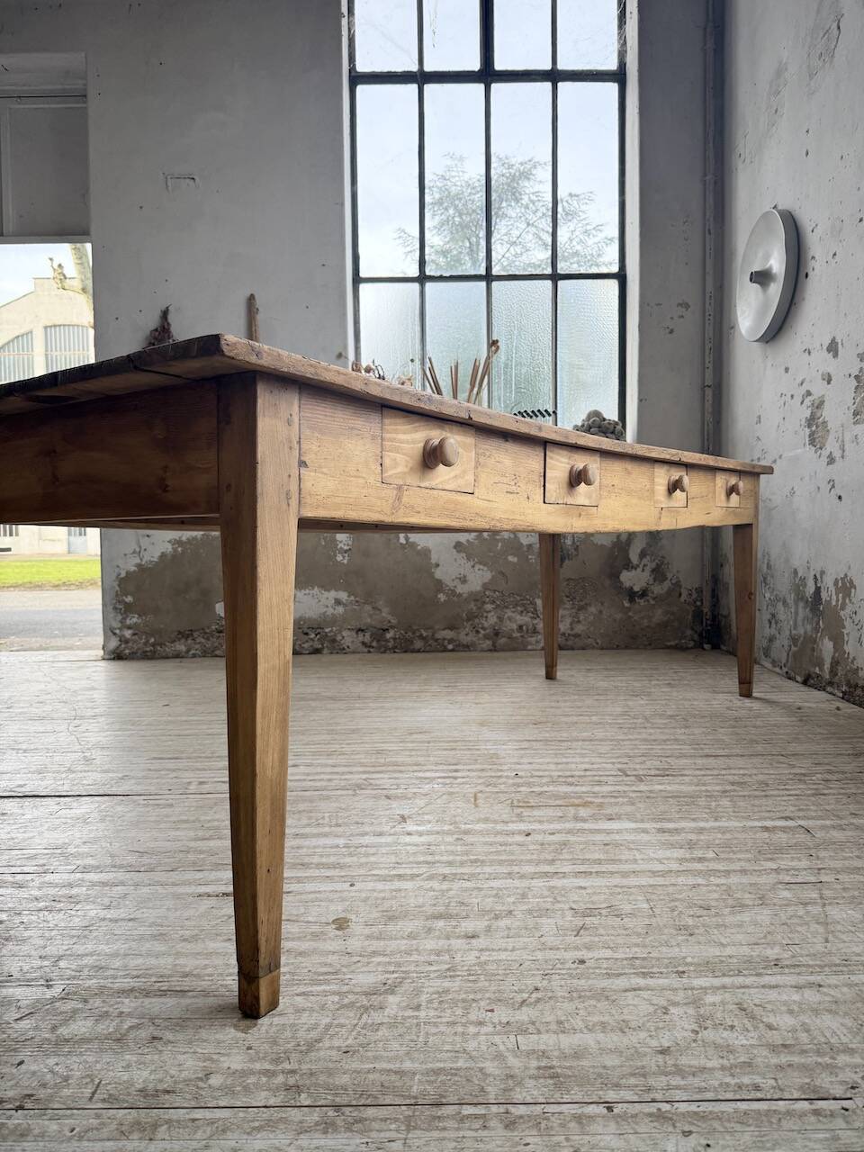 Pine and oak farmhouse table with multiple drawers, communal type, 240cm.