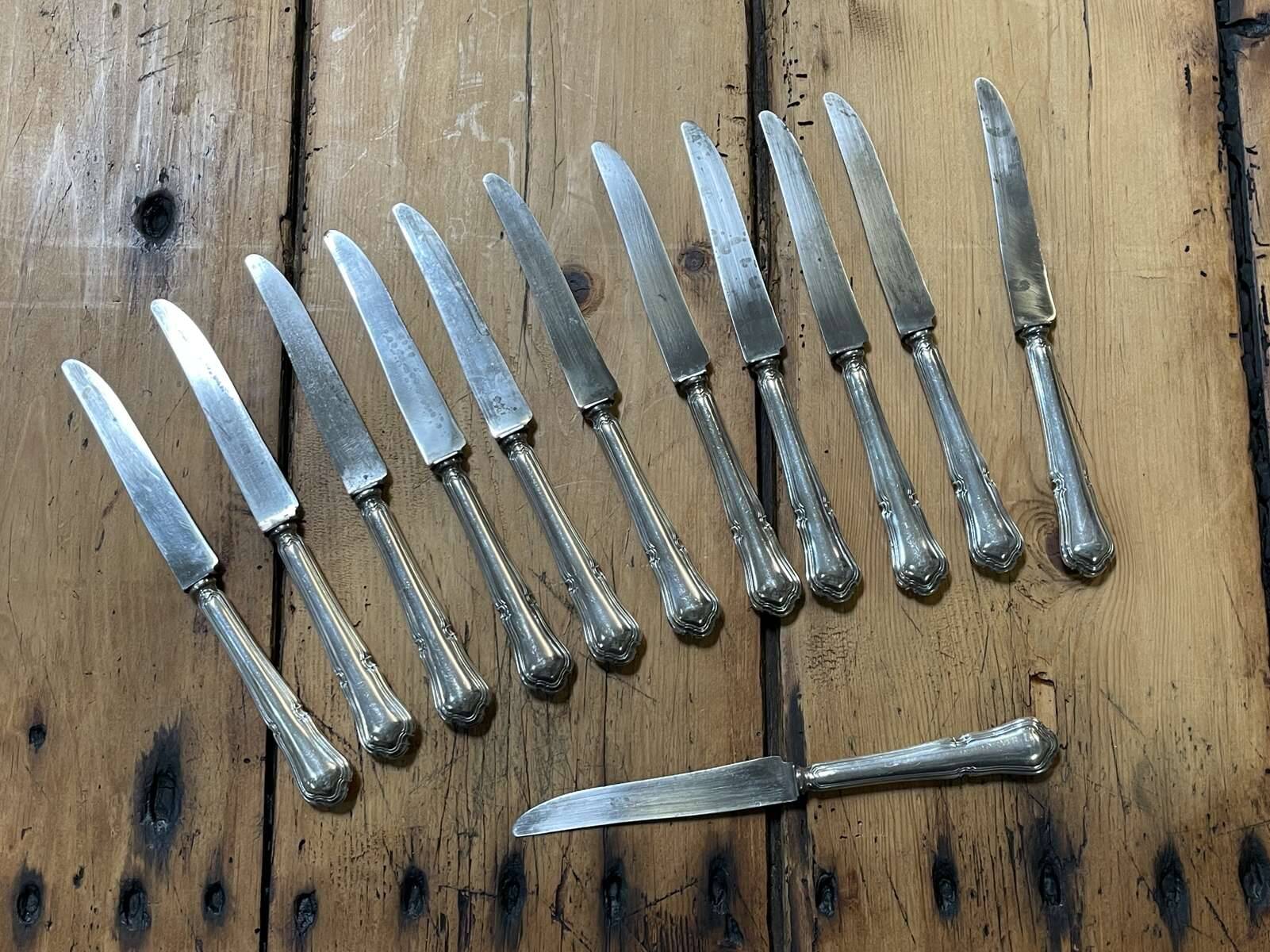 Set of 12 dessert knives in silver metal with steel blades from the early 20th century
