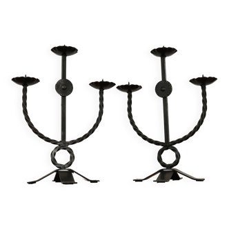 Brutalist style wrought iron candlesticks