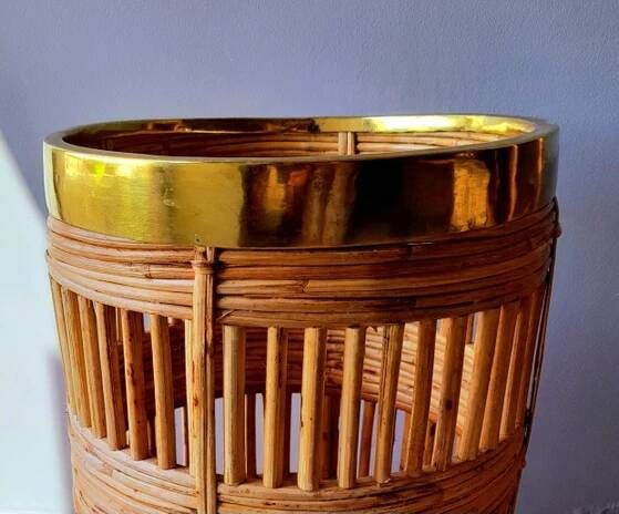 Brass and rattan umbrella stand 1970