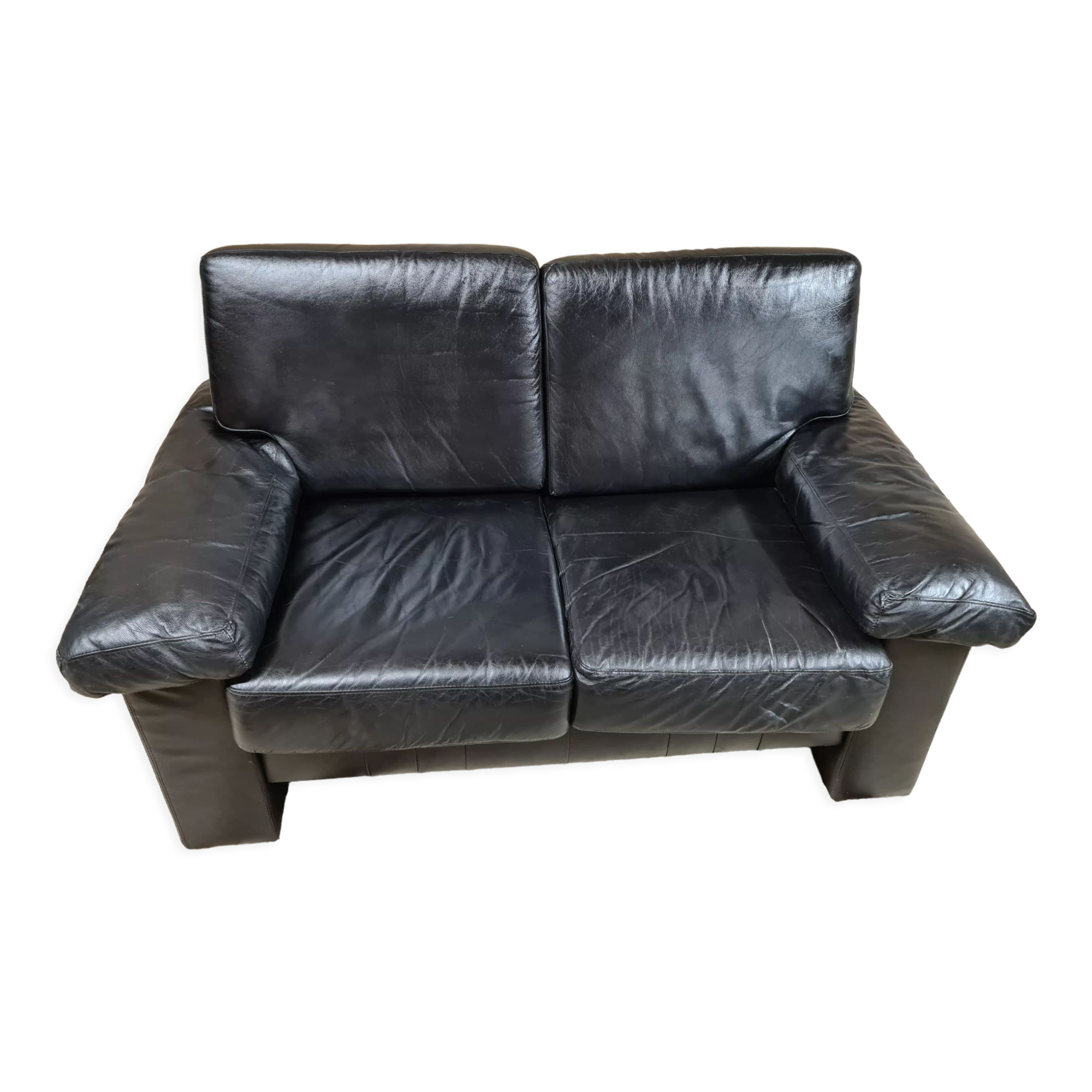 Sofa 2 places black leather year 70'-80' vintage