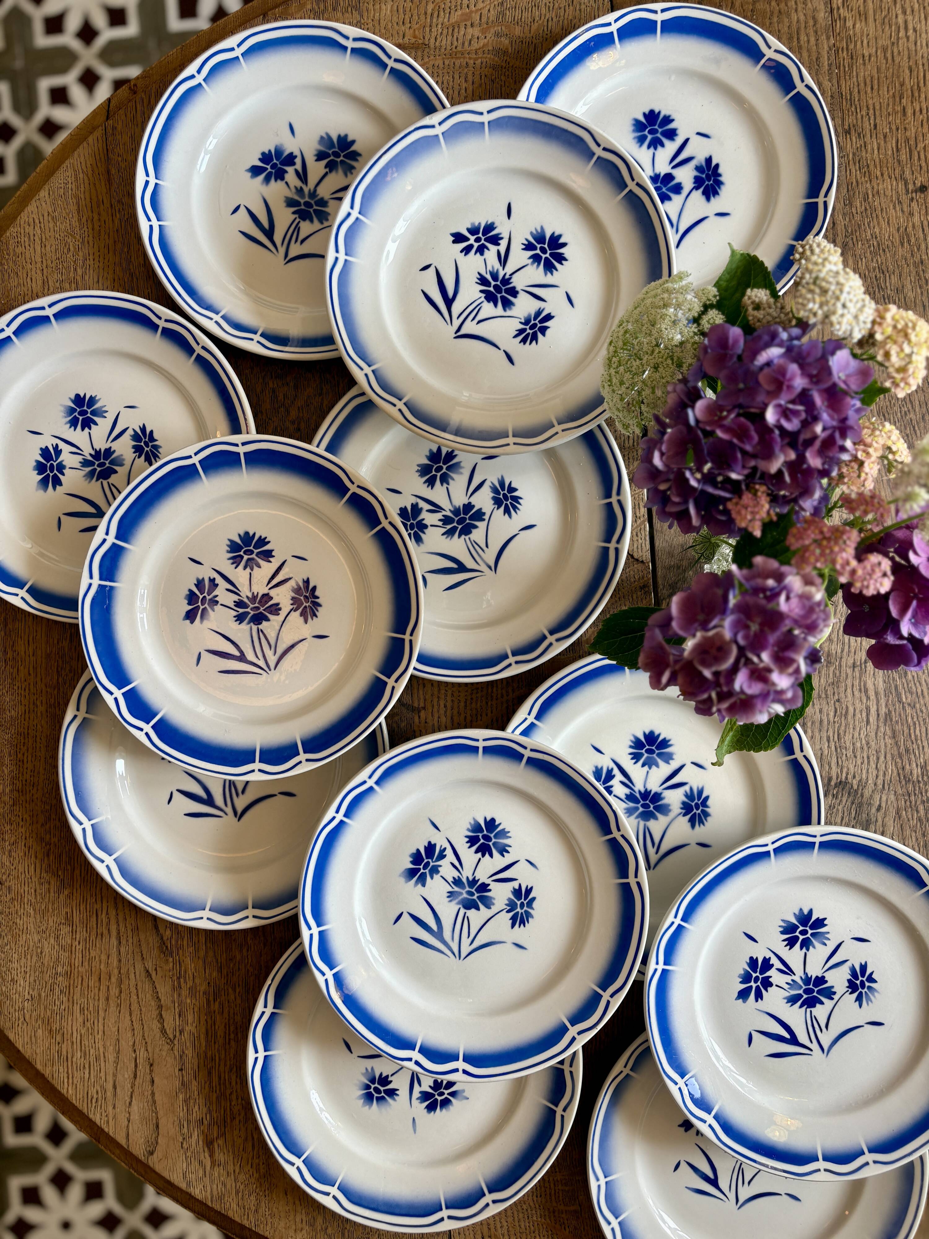 Set of 12 antique flat plates, blue flower decorations