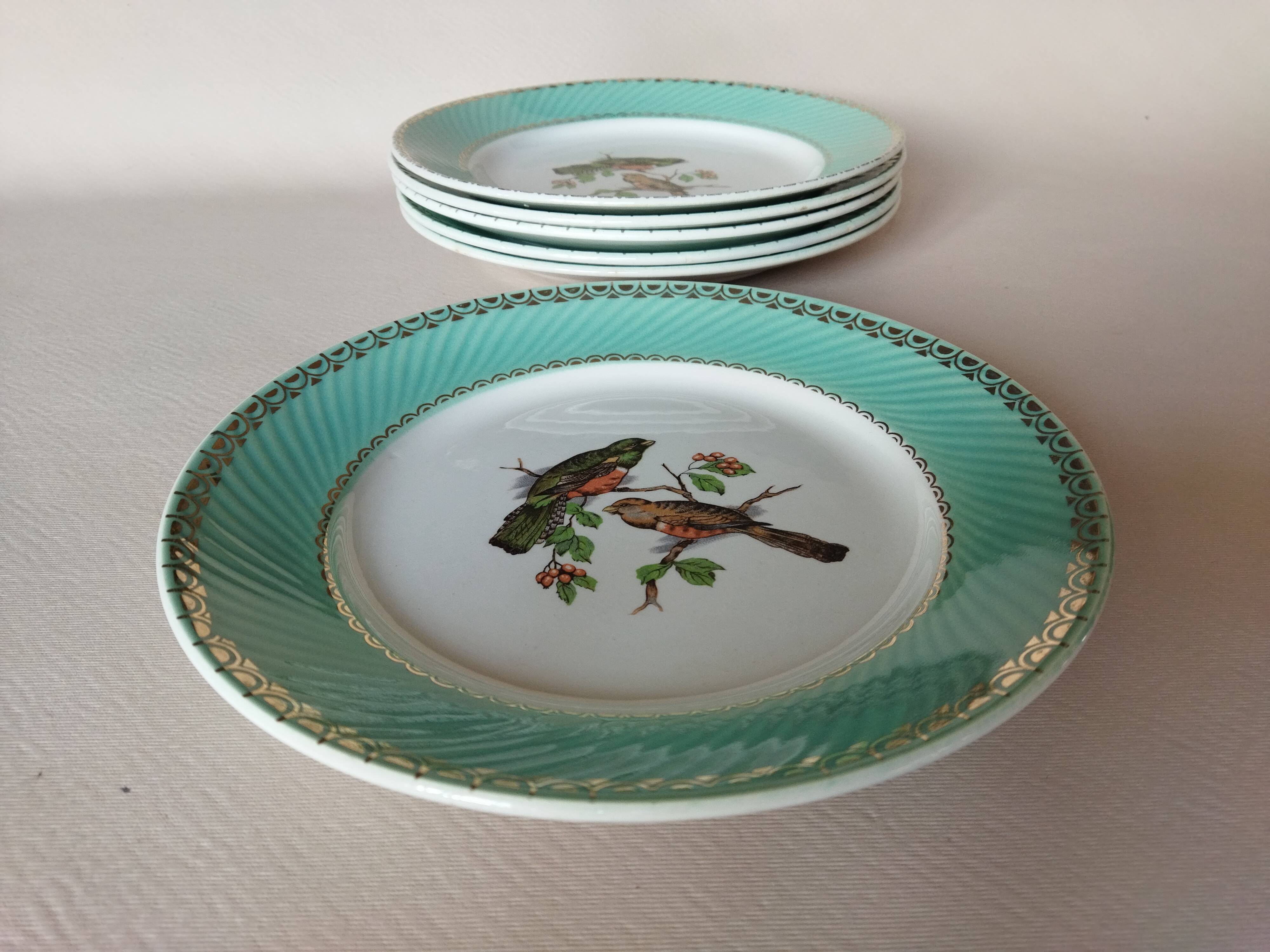 6 assiettes plates Fenal Badonviller "Oiseaux" vintage années 1950