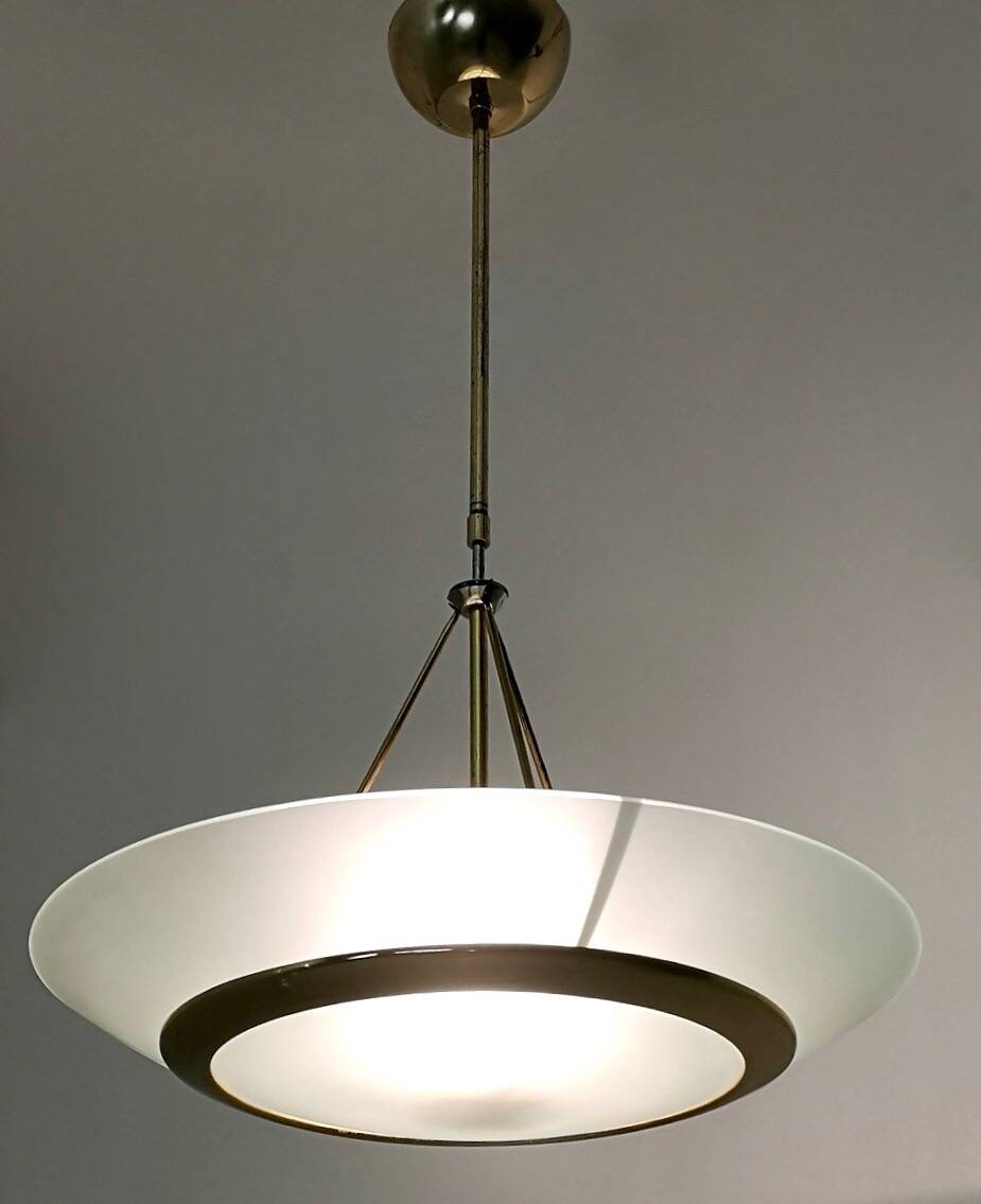 Brass and Aquamarine Etched Glass Bowl Pendant