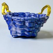 Brutalist large basket by David Marshall, cobalt blue rattan & bronze handle, 1980s