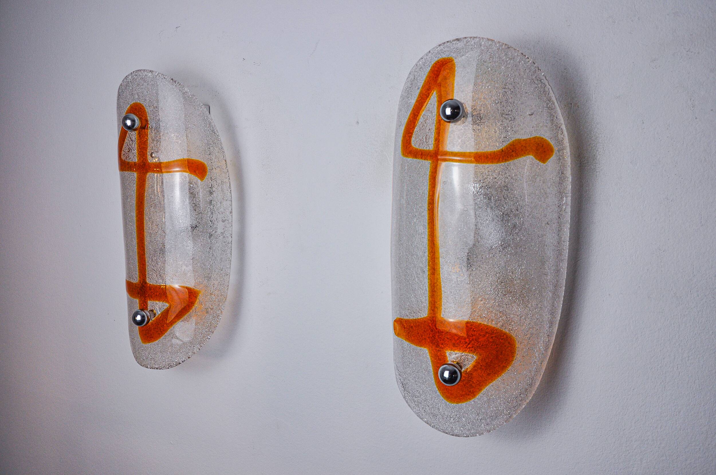 Pair of XL wall lights by Murano Mazzega in orange frosted glass Italy 1970