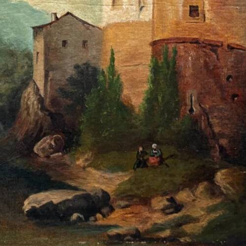 Landscape of a fortified village hamlet from the 19th century - Original antique oil painting.