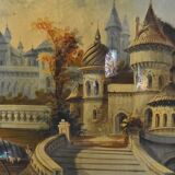 Napoleon III period gueridon in blackened wood with burgauté decoration and painting.