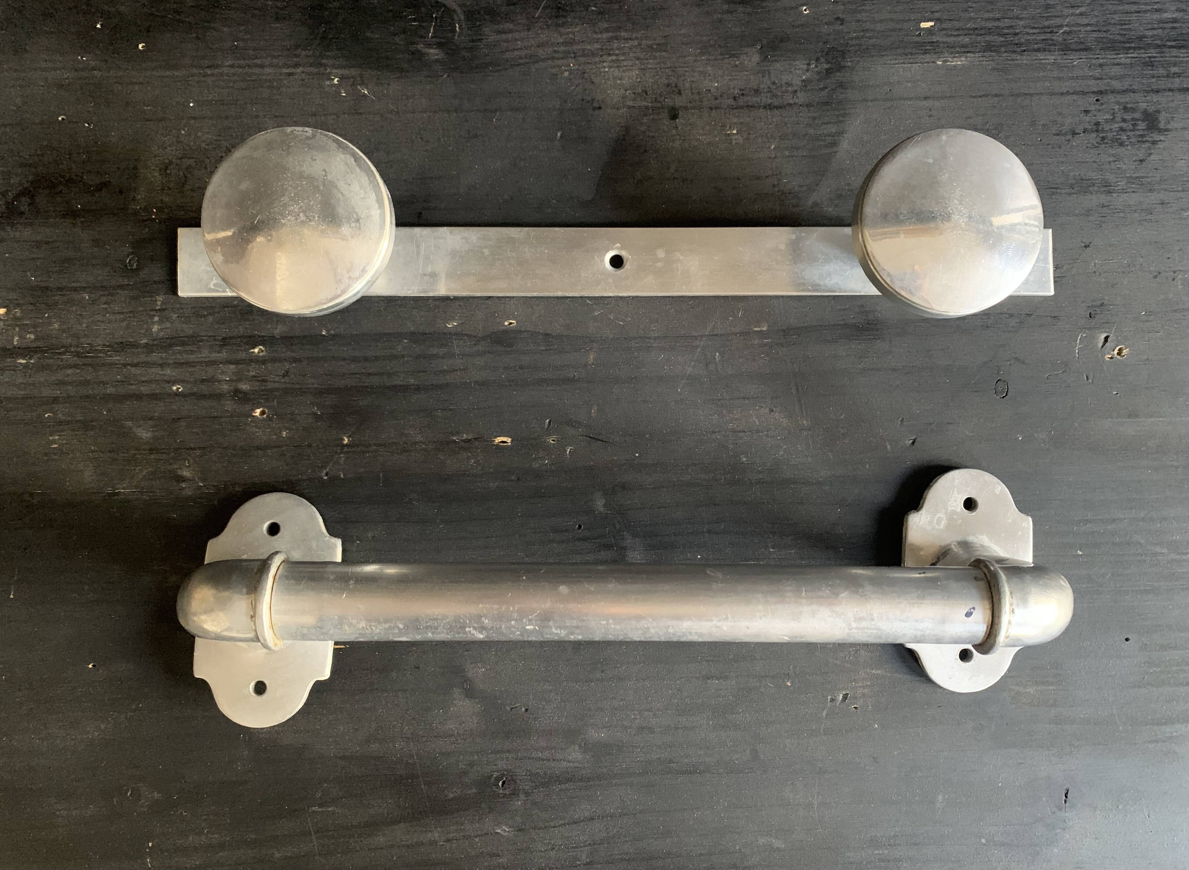 Art Deco aluminum towel rack and wall hooks, 1940