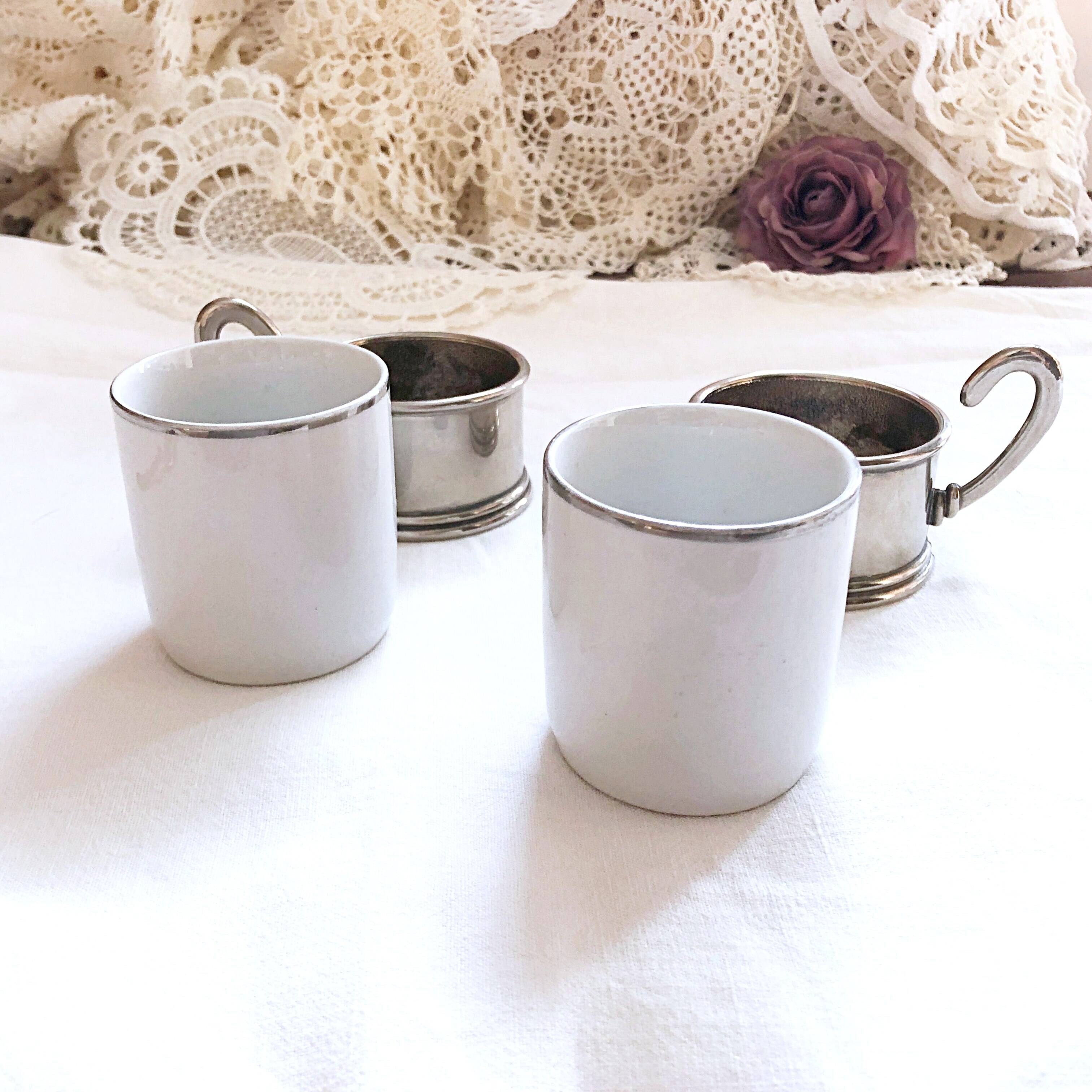 Duo Italian Porcelain Cups with Vintage Monopoly Pewter Holder