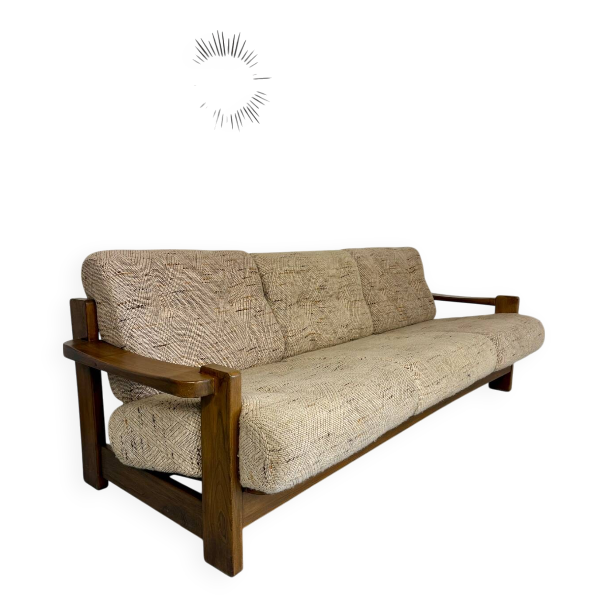 Old 3-seater sofa in solid wood, Maison Regain design, from the 70s.