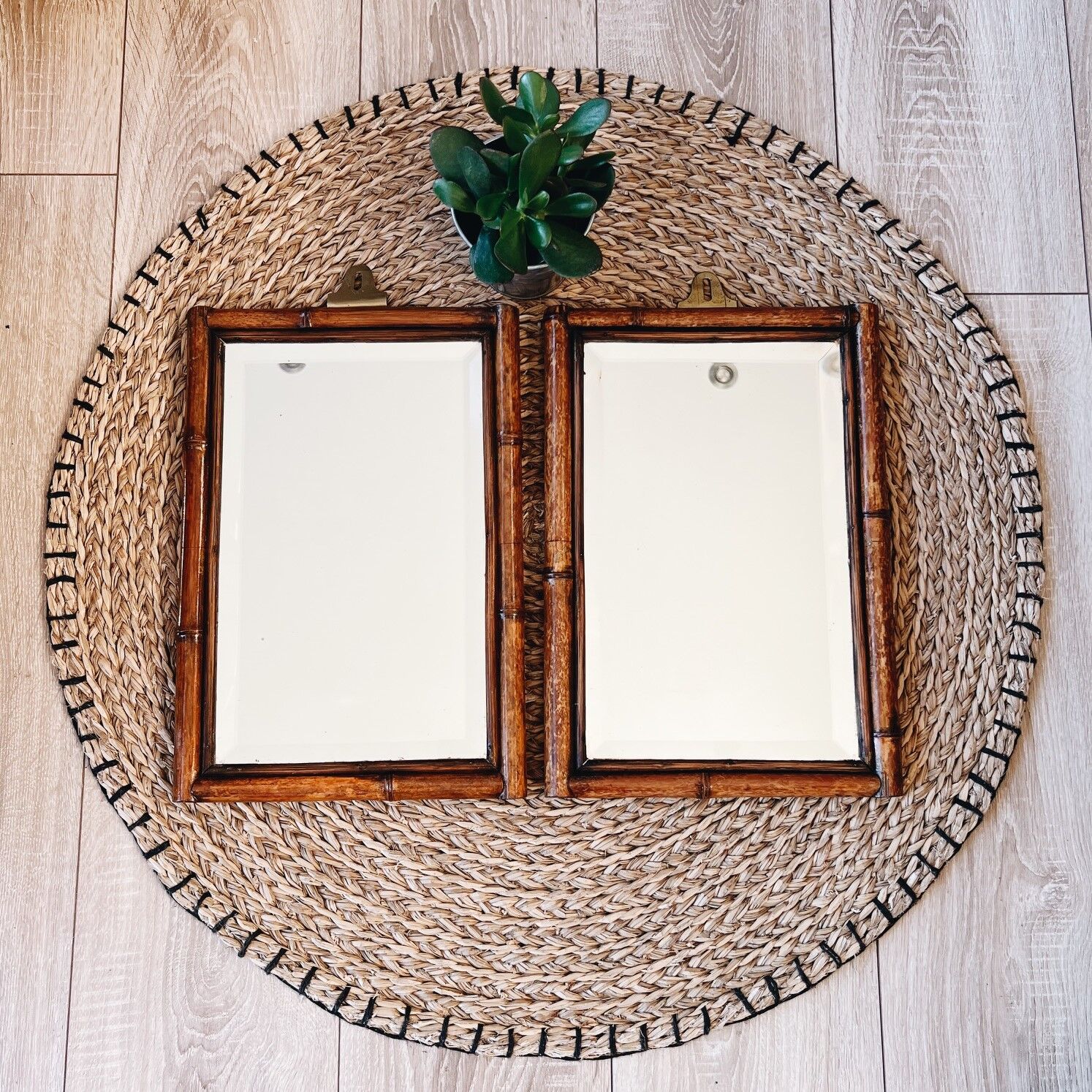 Duo of beveled bamboo mirrors