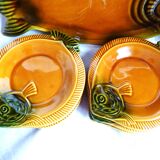 Flat fish set and 6 barbotine plates, vintage fish set