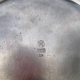 Round silver-plated metal serving dish with hallmark