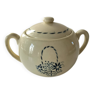 HBCM sugar bowl model Paradis in ironstone with blue basket decoration.